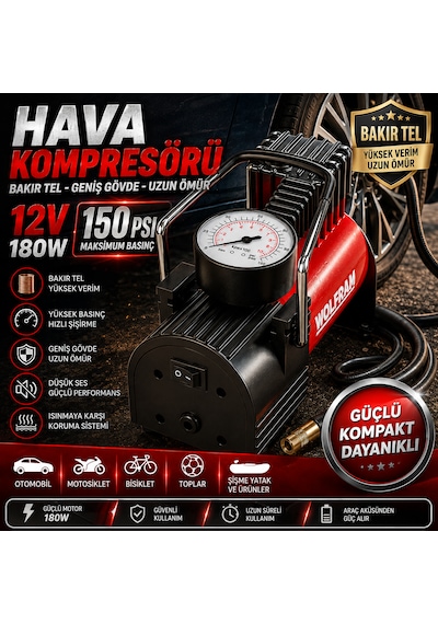 Wolfram Metal Gövdeli Hava Kompresörü Bakır Tel Geniş Gövde Uzun Ömürlü 12volt 180walt 150psi Alman Malı Germany 1 Adet Wolfram Metal Gövdeli Hava Kompresörü Bakır Tel Geniş Gövde Uzun Ömürlü 12volt 180walt 150psi Alman Malı Germany 1 Adet