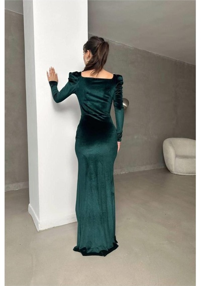 DefyModa Kadın Hediyelik Kare Yaka Taş Detaylı Uzun Kollu Abiye Elbise Zümrüt