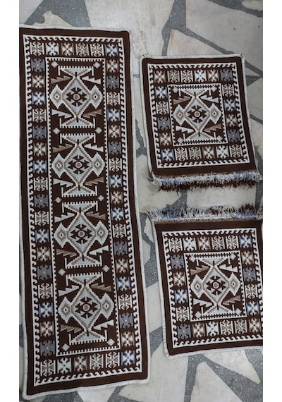 Pratik Oto Koltuk Kilim Seti 3 Parça Makine Dokuma Akrilik & Polyester Saçaklı - Kahverengi