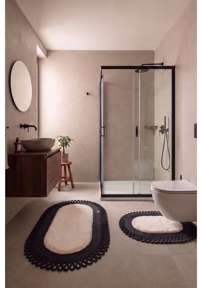 Banyo Paspası Takımı 60x100+40x60 Cm Dış Trikot Bej & Siyah