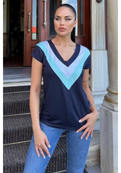 Kadın Laci V Yaka, Kısa Kol, Color Block Detaylı, Terletmez Dokulu Kumaş, Salaş Bluz, Tshirt Lacivert