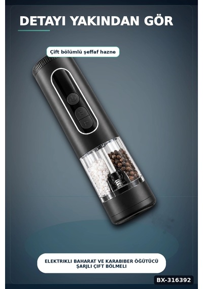 Elektrikli Baharat Ve Karabiber Öğütücü Şarjlı Çift Bölmeli Led Işıklı Bx-316392 Çok Renkli