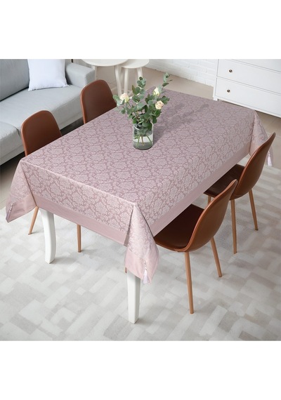 Pamuklu Damask Desen Pudra Pembe Renk Lüks Masa Örtüsü 160x220 Cm