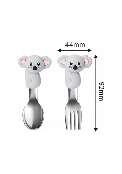 Koala Figürlü Açık Gri Premium Çocuk Bpa Free Silikon Saplı Paslanmaz Çelik Uçlu Çatal-kaşık, 9+ Ay