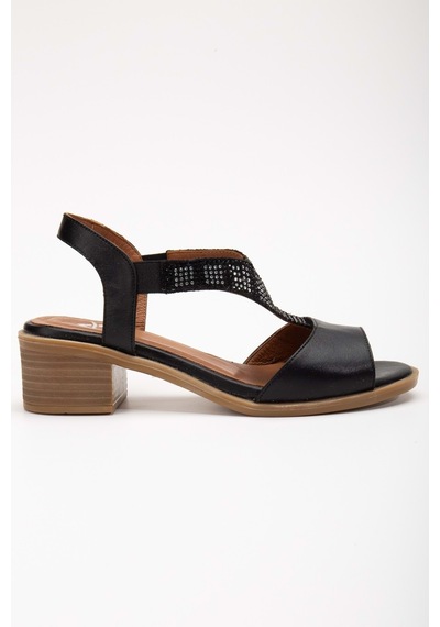Analin Shoes Kadın Hakiki Deri Lastikli Rahat Taşlı Sandalet Kot Mavi Siyah