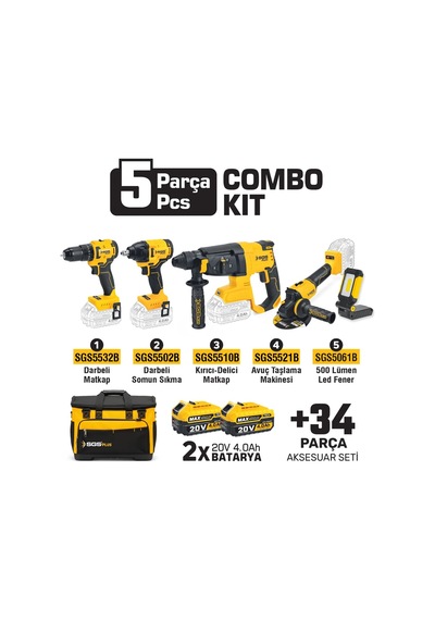 Sgs5451 Combo Set 5 Parça Matkap Hilti Avuç Taşlama Somun Sıkma Fener