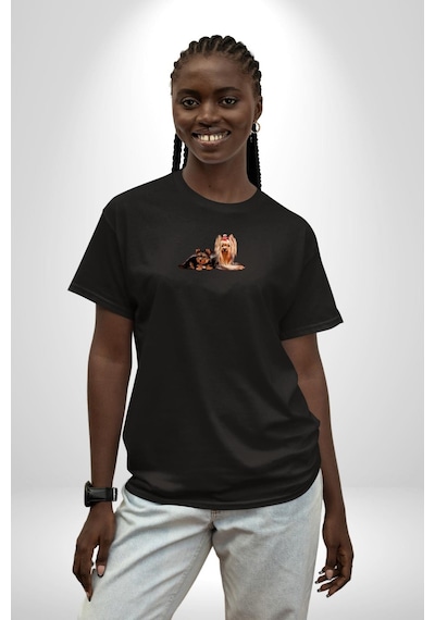 Yorkshire Teacup Ve Anne Köpek Siyah Oversize Unisex Ön Orta Minimal Baskılı Tişört Siyah