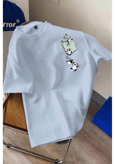 Bambu Panda Grafikli Cep Detaylı Kısa Kollu Oversize Unisex Bisiklet Yaka Tişört Turkuaz