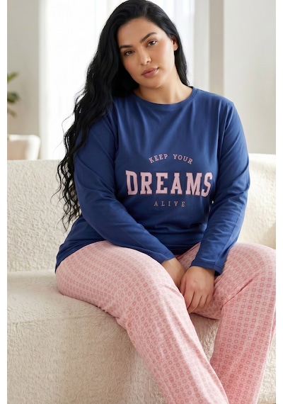 Siyah İnci Pamuklu Likralı Büyük Beden Battal Boy Örme Pijama Takım26240924 İndigo