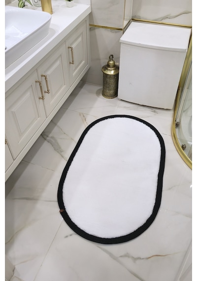 Kaymaz Taban Puffy Peluş Ultra Yumuşak 50x70 Cm Bordürlü Şık Tasarım, Suya Dayanıklı Banyo Paspası Beyaz-siyah