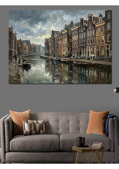Amsterdam Kanalları Ve Tarihi Evler Dekoratif Kanvas - Mdf Ahşap Tablo