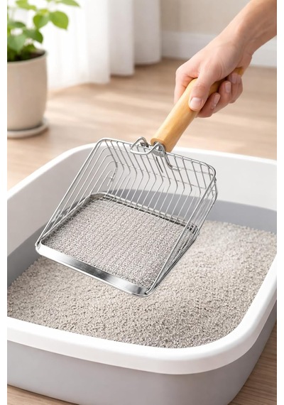 Metal Kedi Kumu Küreği Ahşap Saplı Dayanıklı Izgaralı Kedi Tuvaleti Temizleme Küreği Ergonomik