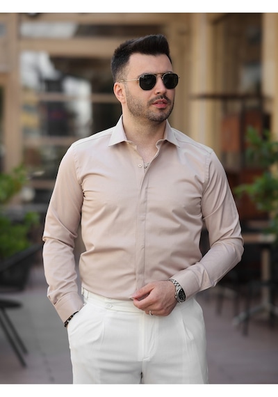Süper Slim Fit Dar Kalıp Gizli Düğmeli Pamuk Saten Gömlek Krem