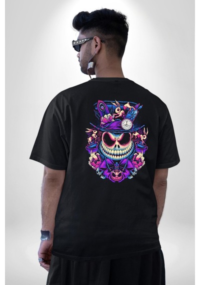 The Mad Skeleton Karakter Pamuklu Unisex Oversize Sırt Dijital Baskılı Siyah T-shirt Siyah