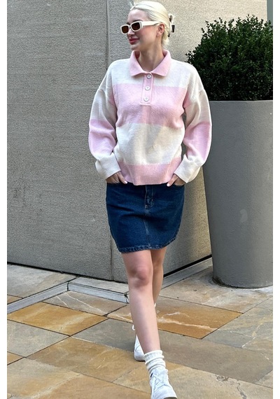 Madmext Pembe Düğmeli Polo Yaka Çizgili Kadın Kazak Mg2286 Pembe