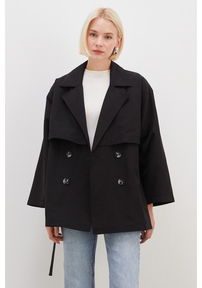 Fullamoda Pelerinli Kuşaklı Geniş Kol Oversize Trençkot Siyah