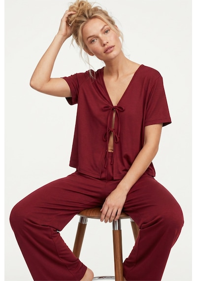 Siyah İnci Bağlamalı Örme Pijama Takım7889 Bordo