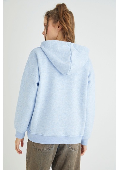 Hello Kitty Lisanslı Baskılı Kapüşonlu Kalın Mavi Sweatshirt Renkli