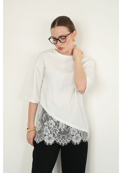 Verymoda D 2985 Dantel Detaylı Çizgili T Shırt D2985 Krem