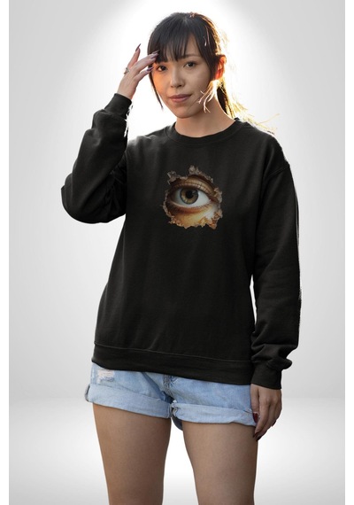 Duvardan Biri Bizi Gözetliyor Unisex Siyah Baskılı Sweatshirt Siyah