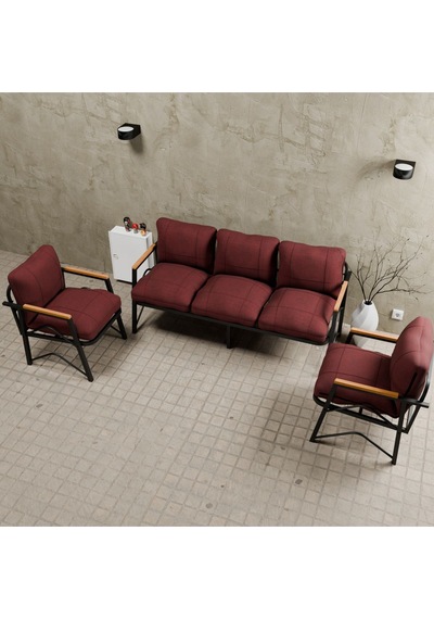 Mb Garden Furnıture Simetri Model, Balkon, Bahçe, Cafe, Metal Koltuk Takımı, Bahçe Takımı , Çay Seti, 3+1+1 Takım Bordo