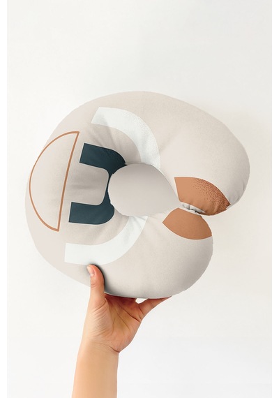 Soyut Geometrik Desenli Pamuklu Boyun Yastığı - Modern Minimalist Bej Antrasit Seyahat Yastığı Buzlu Ayışığı Kurşun