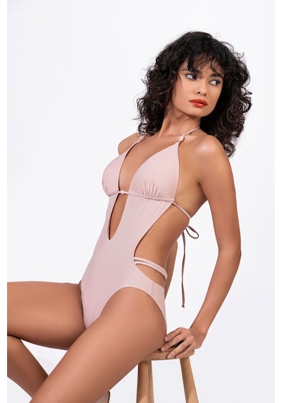 Endeep Kadın Yarım Dolgulu Boyundan Bağlamalı Aksesuarlı Simli Pembe Mayokini
