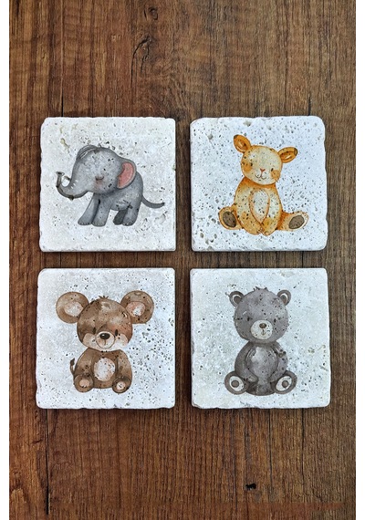 Sevimli Hayvanlar Temalı Doğal Taş Bardak Altlığı - Stone Coasters Çok Renkli