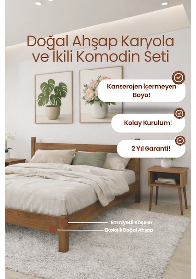 Mi Rage Masif Ahşap Karyola Ve 2 Adet Komodin Ceviz 100x200