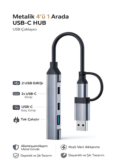Usb-c Hub 4in1 Dönüştürücü 2x Usb 2x Type-c Alüminyum Çevirici Tak Çalıştır Çoklayıcı 1pcs
