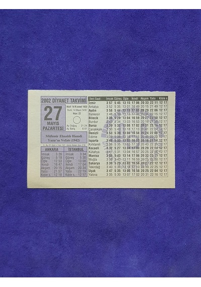 27 Mayıs 2002 Takvim Yaprağı - Nostalji Koleksiyonluk Takvim Yaprağı