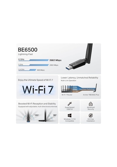 Archer Tbe400u Plus Be6500 Wi-fi 7 Üç-bant Usb Adaptör 6500 Mbps Yüksek Çekim Gücü Mlo Teknolojisi Usb 3.0 Wpa3 Güvenlik Windows 11/10 Tak Çalıştır Oyuncu Ağ Adaptörü