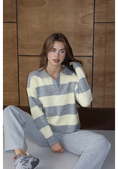 Park Karon Kadın Gri Oversize Çizgili Polo Yaka Triko Kazak Gri