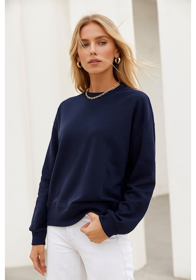 Kadın Lacivert Pamuklu İnterlock Oversize Sweatshirt Lacivert