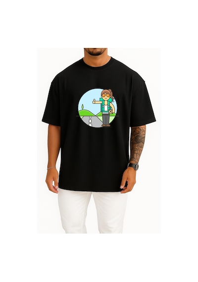 Bahriyeli Collection Oversize Otostop Gezgin Kadın - Traveller Göğüs Tasarımlı Unisex T-shirt Siyah