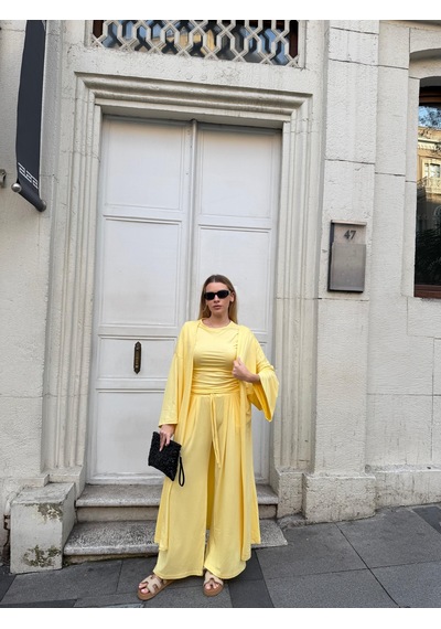 Bonacosa Kadın Viskon 3 Lü Takım Kimono + Beli Lastikli Salaş Pantolon + Kısa Kol Tshirt 8 Renk Sarı