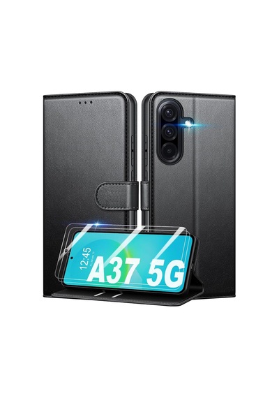 Samsung Galaxy A37 İle Uyumlu Kılıf Kamera Korumalı Kapaklı Kartlıklı Cüzdanlı Deri Standlı Renkli Kapak - Siyah