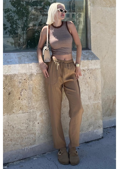 Madmext Camel Ayarlanabilir Bel Rahat Kesim Pantolon Mg2161 Camel