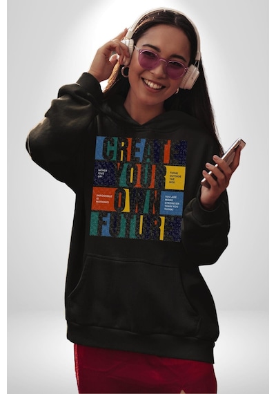 Geleçeği Seninle Planlayalım Kadın Erkek Siyah Kapüşonlu Sweatshirt Hoodie Siyah