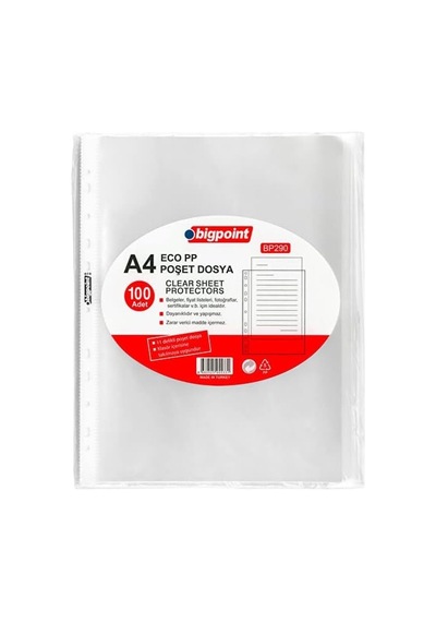 Bigpoint / Poşet Dosya, Klasör İçi Kullanıma Uygun 60 Adet A4 Kapasiteli Eco Şeffaf Dosya, 100'lü Paket