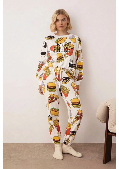 Benerly Kadın Bisiklet Yaka Düşük Kol Fitted Örme Pijama Takımı Fonksiyon Beyaz