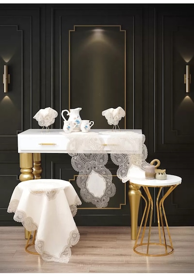 Krem-kapiçino Bellisima Model 5 Parça Keten Dantelli Salon Takımı Runner Seti No 800 Çok Renkli