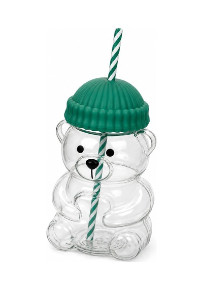 Orret Home 580 Ml Ayıcık Desenli Cam Bardak Pipetli Silikon Kapak Şeffaf Cam