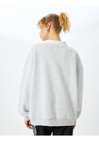 Koton Oversize Kolej Baskılı Polo Yaka Sweatshirt Kar Melanj 5sal10518ık Gri Melanj