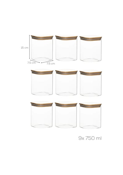 Porsima 5-3 Bambu Vakumlu Kapaklı Kare Borsilikat Cam 9lu Kavanoz Seti Saklama Kabı 750ml 7,5x15cm Ahşap - Şeffaf