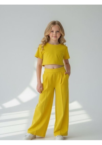 Zekids Kız Çocuk Bol Paça Rahat Kesim Pantolon-16900 Sarı