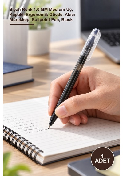 1 Adet Tükenmez Kalem Siyah Renk 1.0 Mm Medium Uç, Kapaklı Ergonomik Gövde, Akıcı Mürekkep, Ballpoint Pen, Black