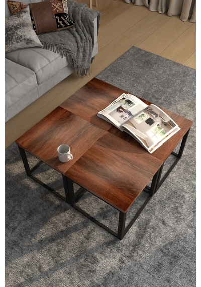 4'lü Kare Orta Sehpa Seti 88x88x40,7 Cm 28 Mm Tabla, Masif Ahşap Ayak Gri / Ceviz Ceviz