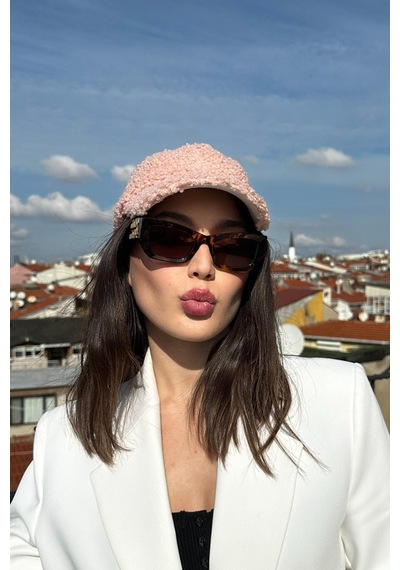 Mollycrush Kadın Teddy Dokulu Kışlık Kadın Vizör Şapka Yumuşak Kuzu Kürk Görünümlü Model Pembe