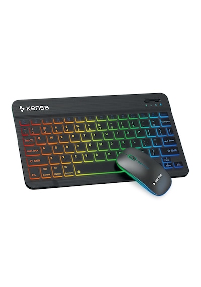 Tablet Ve Bilgisayar İçin Rgb Led Işıklı Taşınabilir Kablosuz Bluetooth Klavye Ve Dongle'lı Mouse Seti Siyah